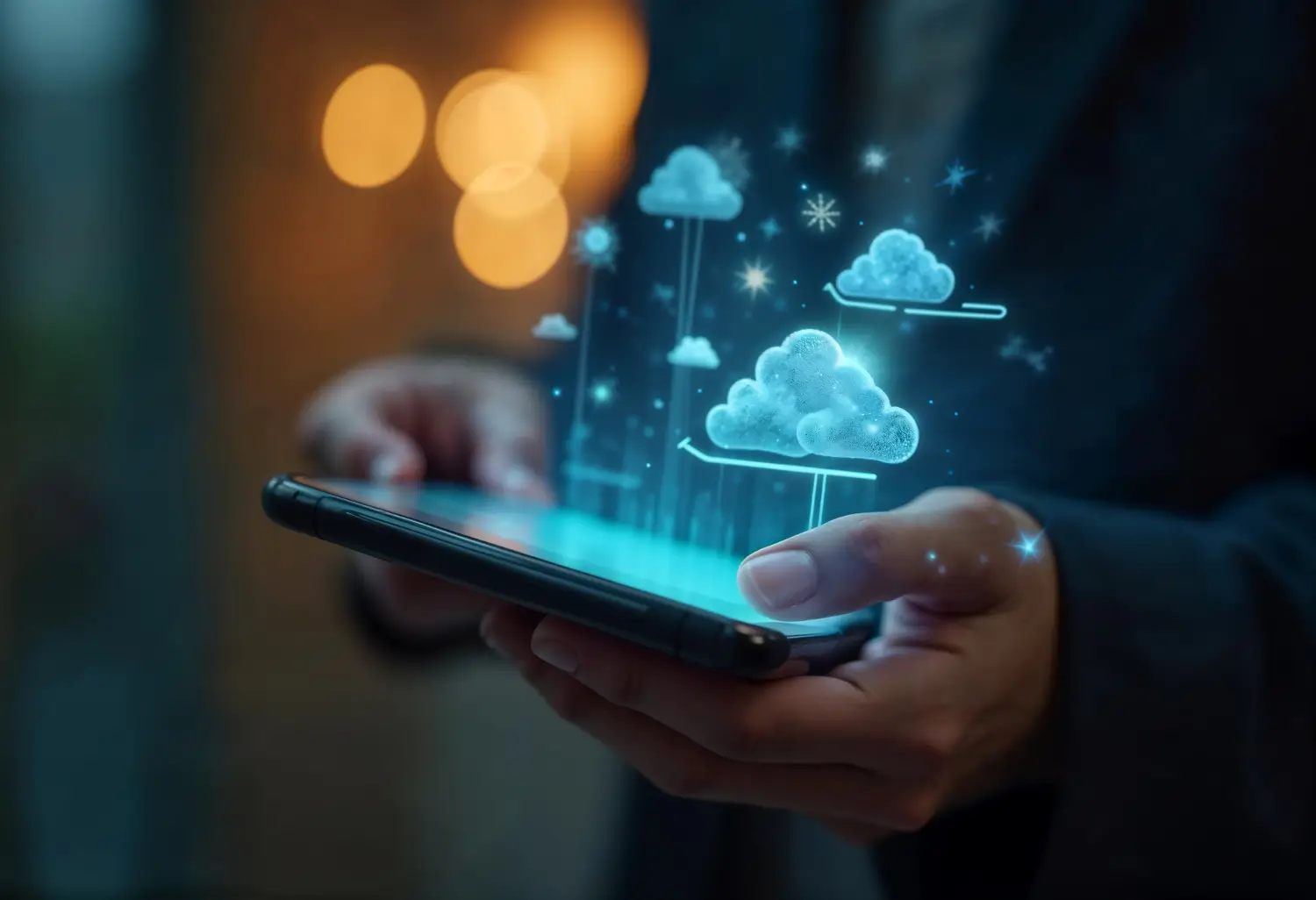 Businessperson using a tablet with glowing digital cloud icons representing cloud computing