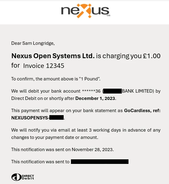 Nexus Open Systems Ltd. payment notification with company branding