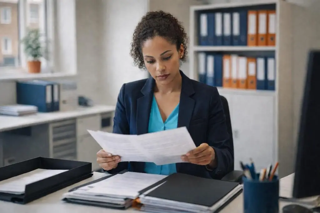 A businesswoman reviews legal documents at her desk