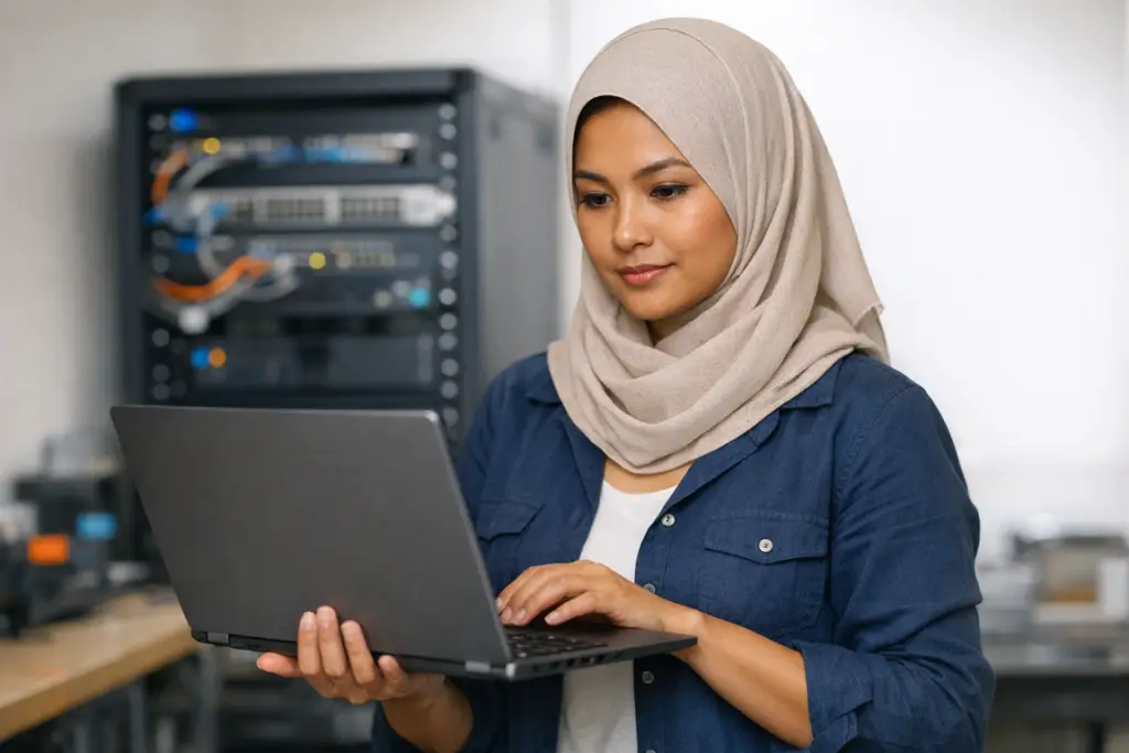 A woman manages the systems in a business server room