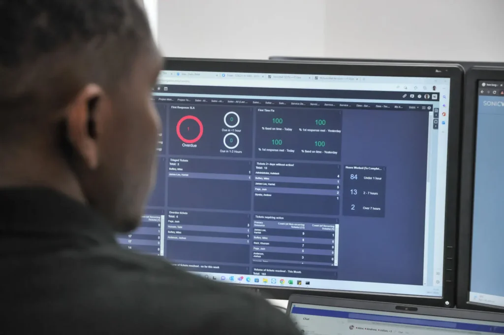 Nexus IT support specialist analysing live service desk dashboard on screen