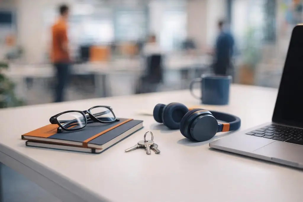 An office scene with an employee's items on a tidy desk