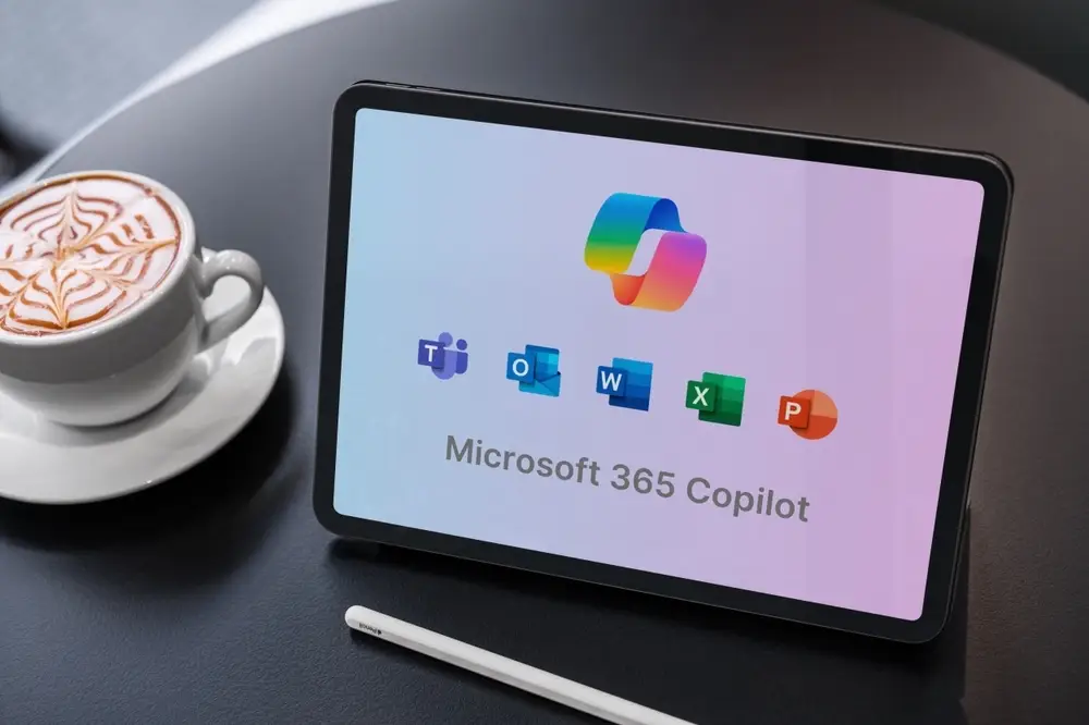 Microsoft 365 copilot logo displayed on a tablet screen