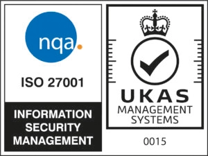 ISO 27001 Information Security Management certification logo alongside the UKAS Management Systems accreditation mark