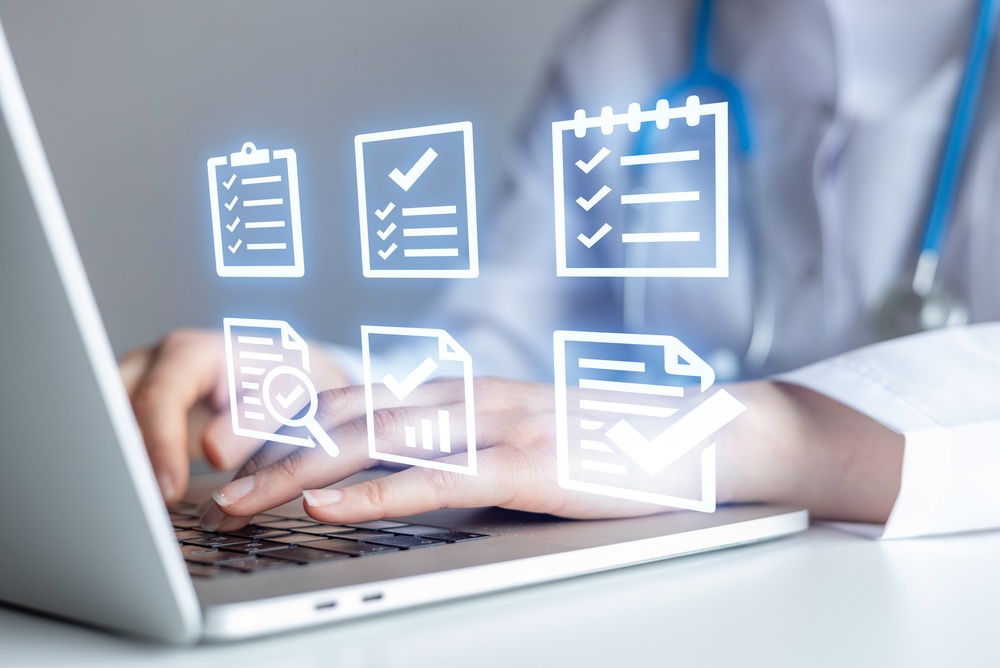 person typing on laptop with list overlay graphic